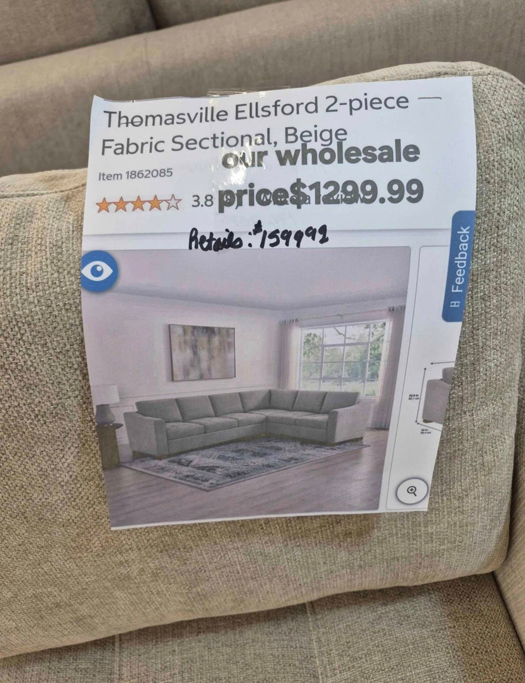 Thomasville Ellsford 2 piece Fabric Sectional Beige - Pickup Only