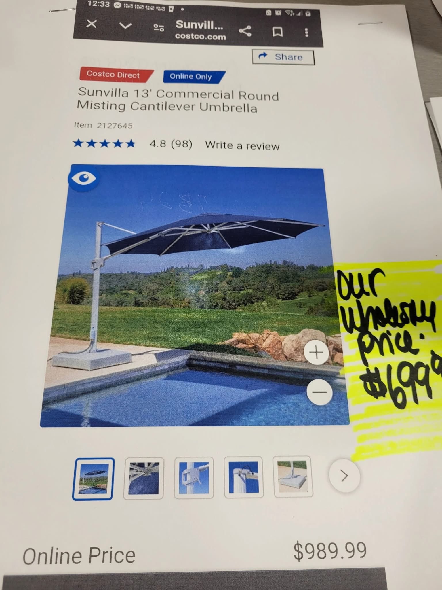 Sunvilla 13' Blue Commercial Round Misting Cantilever Umbrella - Pickup Only
