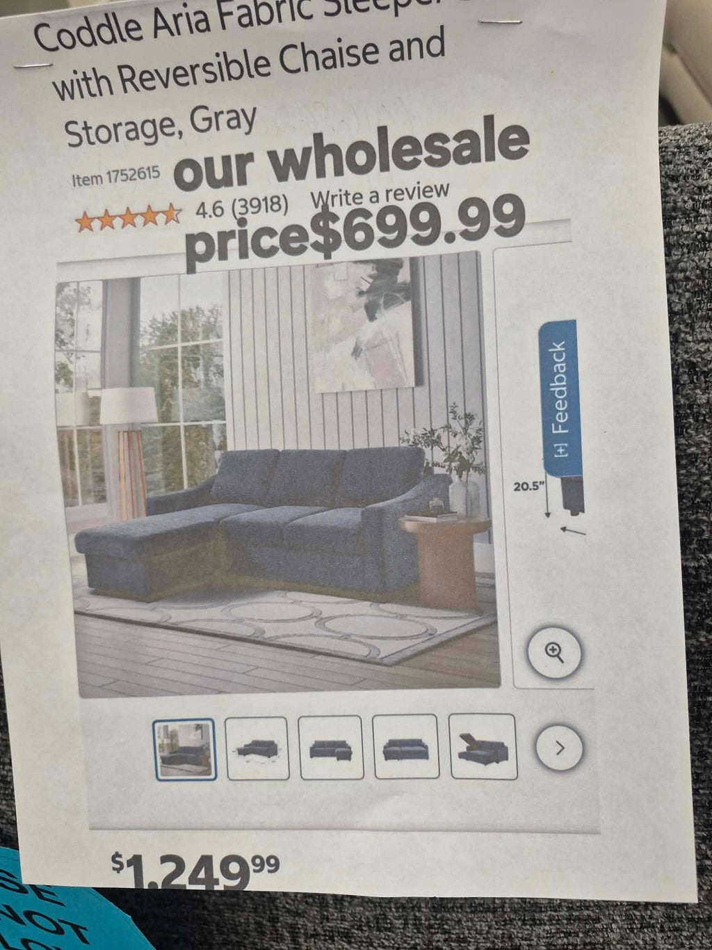 Coddle Aria Fabric Sleeper with Reversible Chaise and Storage Gray - Pickup Only