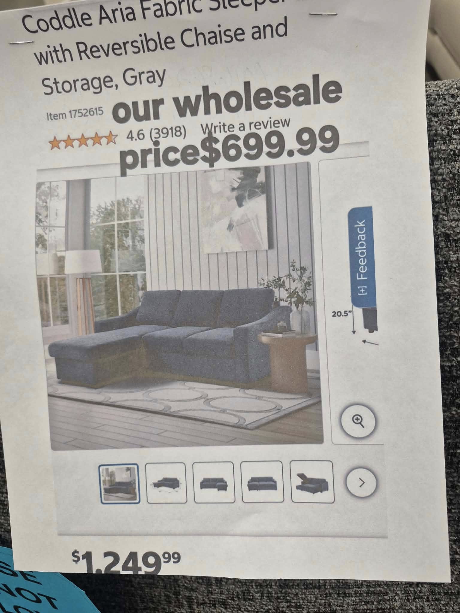 Coddle Aria Fabric Sleeper with Reversible Chaise and Storage Gray - Pickup Only