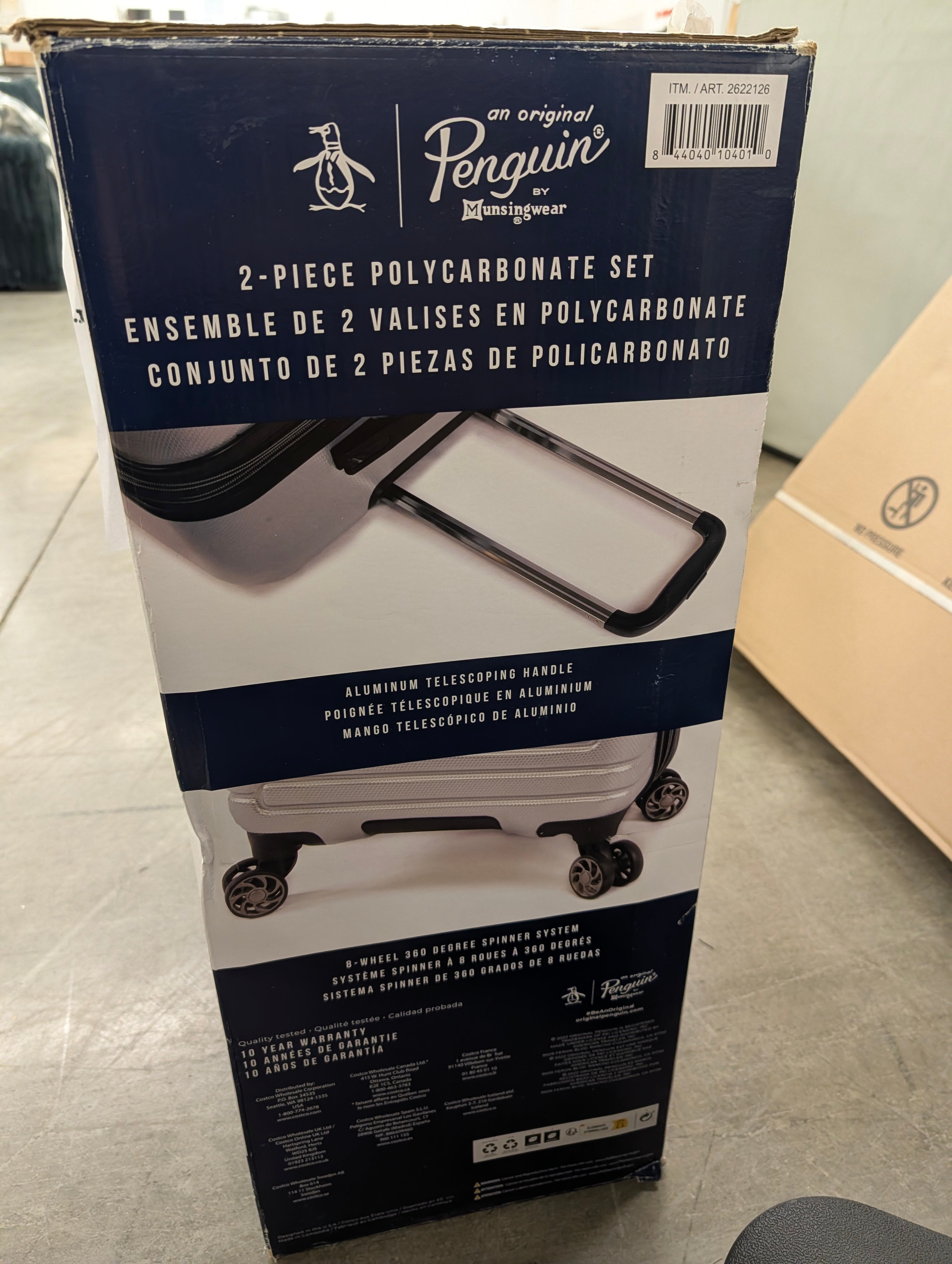 Penguin 2 Piece Polycarbonate Set - 8 Wheel Spinner Luggage - Open Box