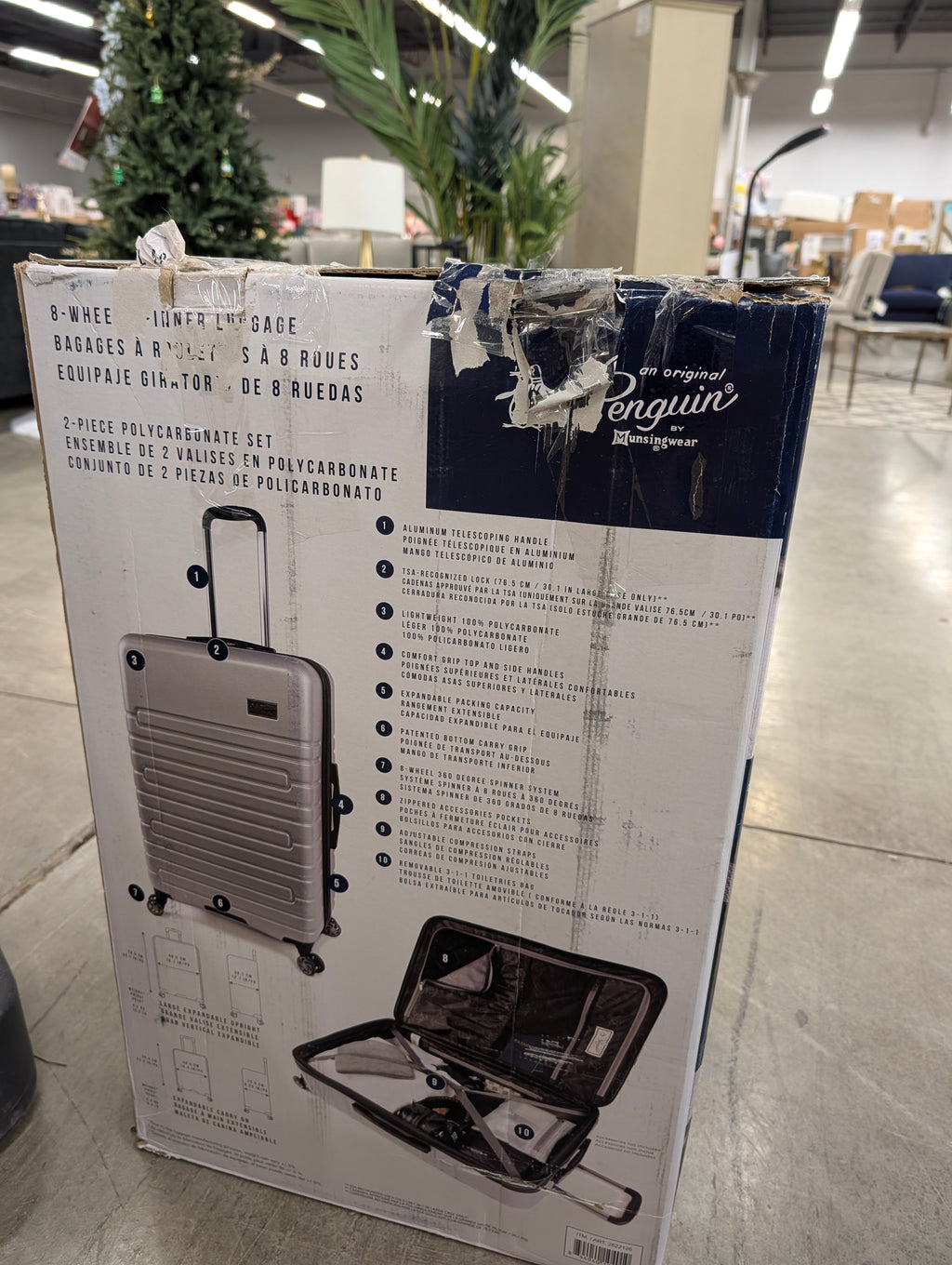 Penguin 2 Piece Polycarbonate Set - 8 Wheel Spinner Luggage - Open Box